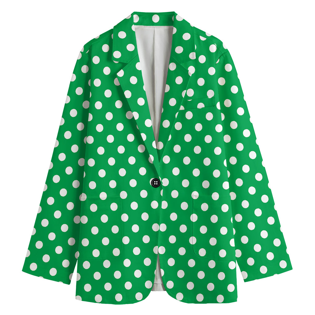 Green And White Polka Dot Pattern Print Women's Cotton Blazer