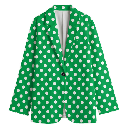 Green And White Polka Dot Pattern Print Women's Cotton Blazer