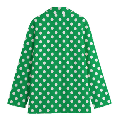 Green And White Polka Dot Pattern Print Women's Cotton Blazer
