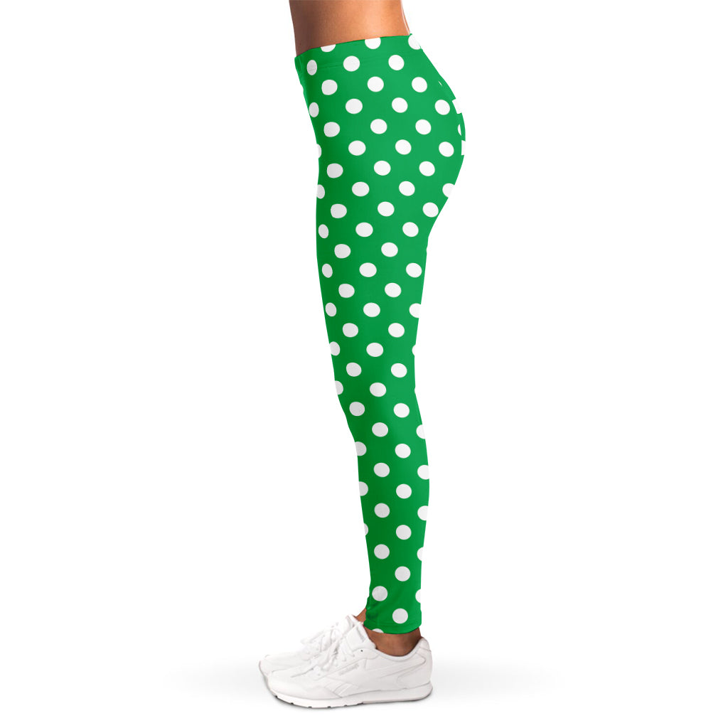 Green And White Polka Dot Pattern Print Women's Leggings