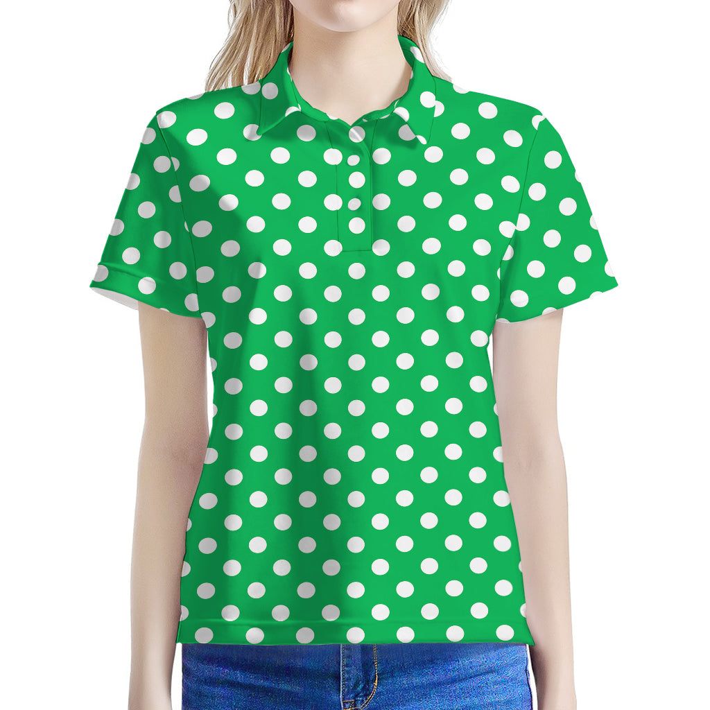 Green And White Polka Dot Pattern Print Women's Polo Shirt