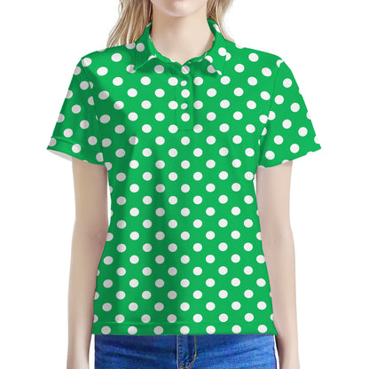 Green And White Polka Dot Pattern Print Women's Polo Shirt