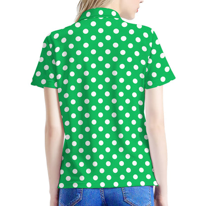 Green And White Polka Dot Pattern Print Women's Polo Shirt