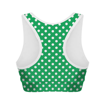 Green And White Polka Dot Pattern Print Women's Sports Bra