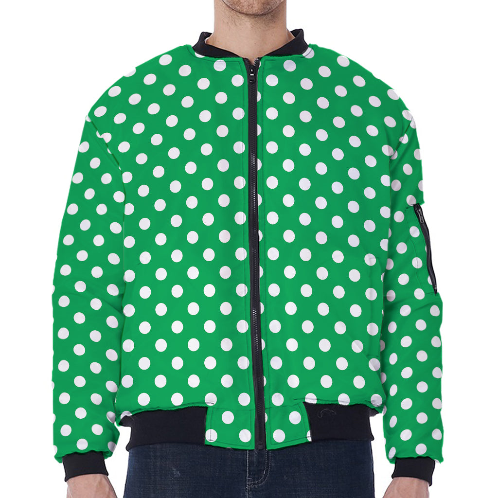 Green And White Polka Dot Pattern Print Zip Sleeve Bomber Jacket