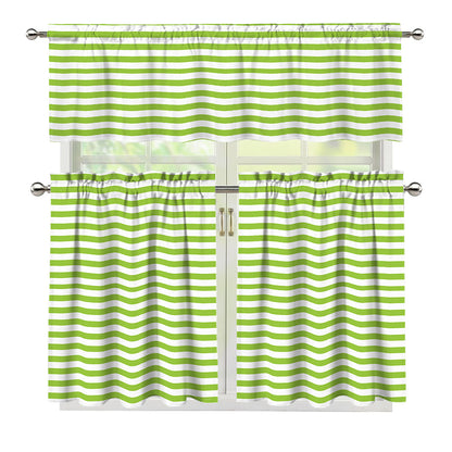 Green And White Striped Pattern Print 3 Piece Kitchen Curtains