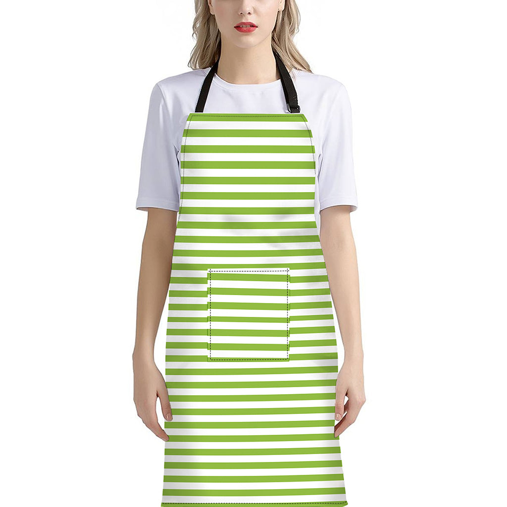 Green And White Striped Pattern Print Bib Apron With Pocket