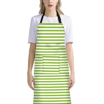 Green And White Striped Pattern Print Bib Apron With Pocket