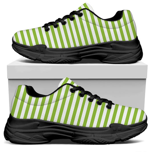 Green And White Striped Pattern Print Black Chunky Shoes