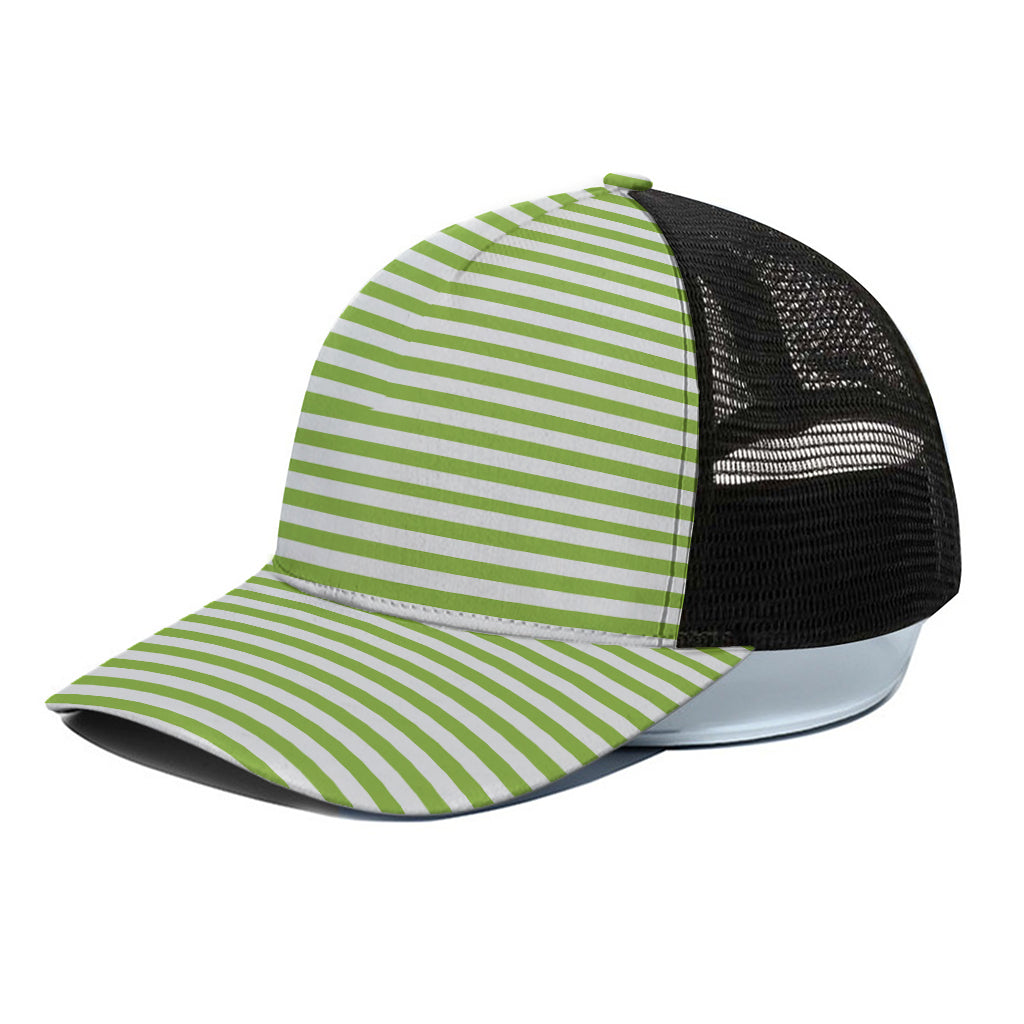 Green And White Striped Pattern Print Black Mesh Trucker Cap