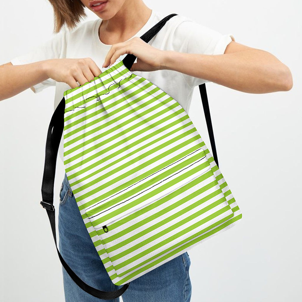 Green And White Striped Pattern Print Drawstring Backpack