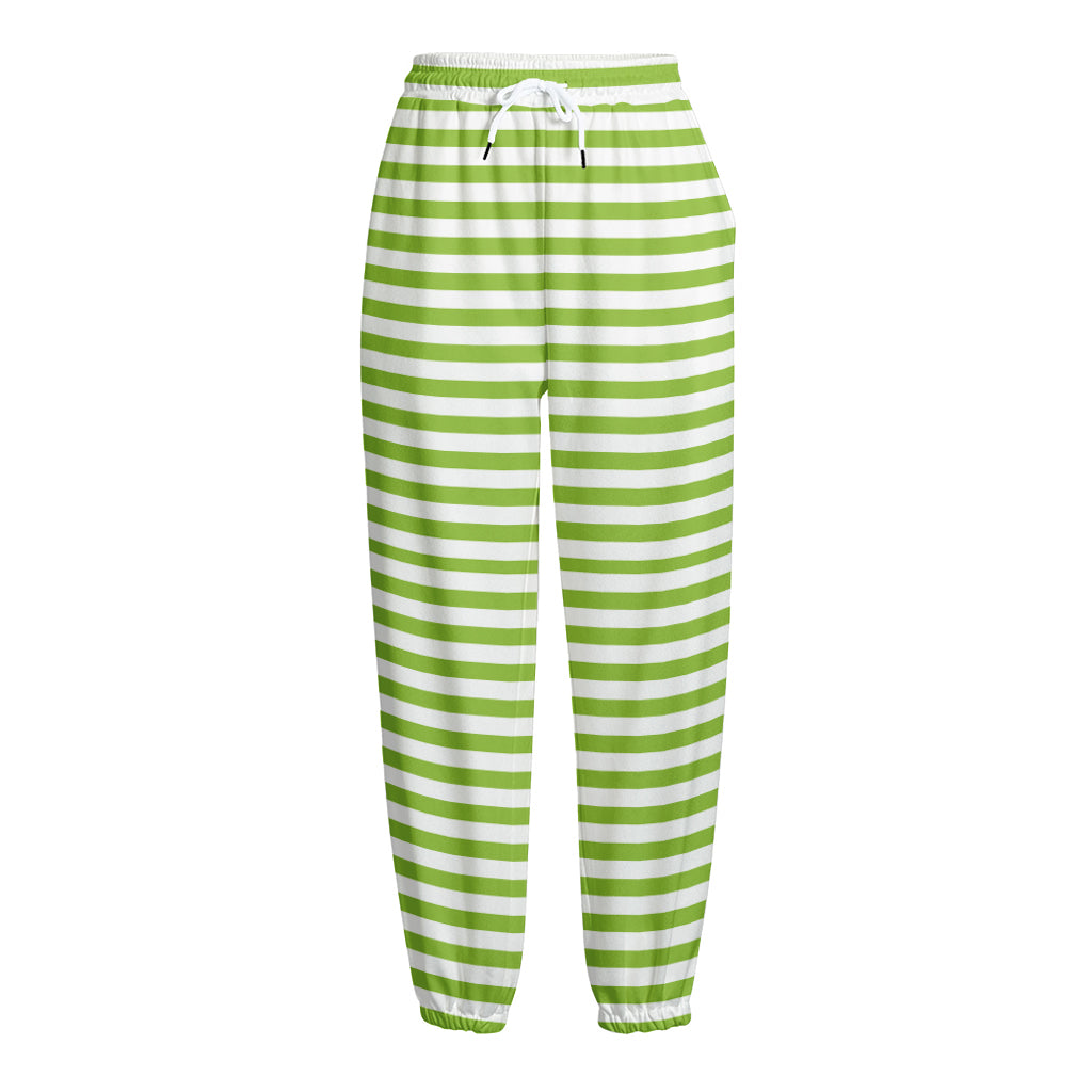 Green And White Striped Pattern Print Fleece Lined Knit Pants