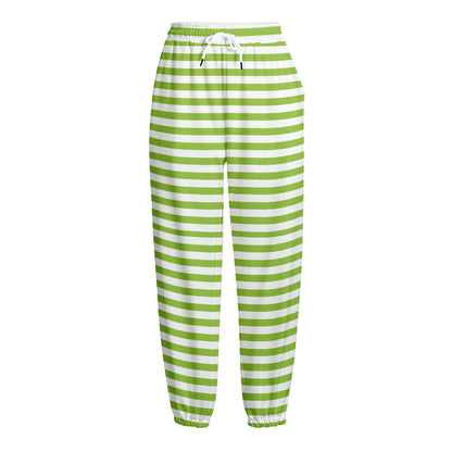 Green And White Striped Pattern Print Fleece Lined Knit Pants