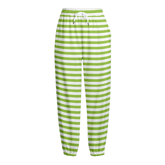 Green And White Striped Pattern Print Fleece Lined Knit Pants