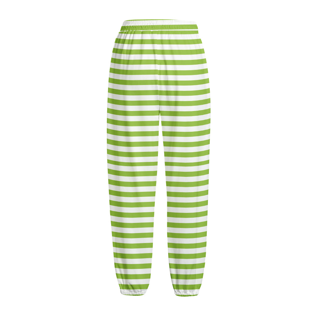 Green And White Striped Pattern Print Fleece Lined Knit Pants