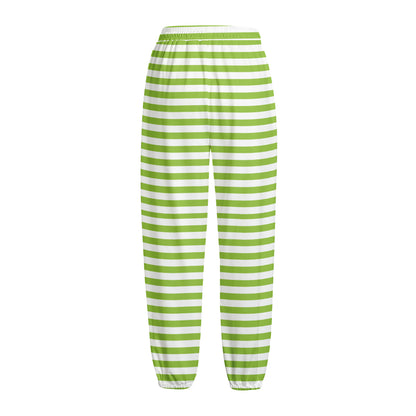 Green And White Striped Pattern Print Fleece Lined Knit Pants