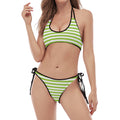 Green And White Striped Pattern Print Halter Scoop Tie Side Bikini
