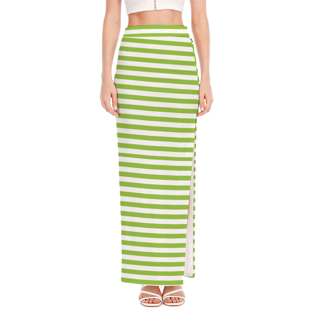Green And White Striped Pattern Print High Slit Maxi Skirt