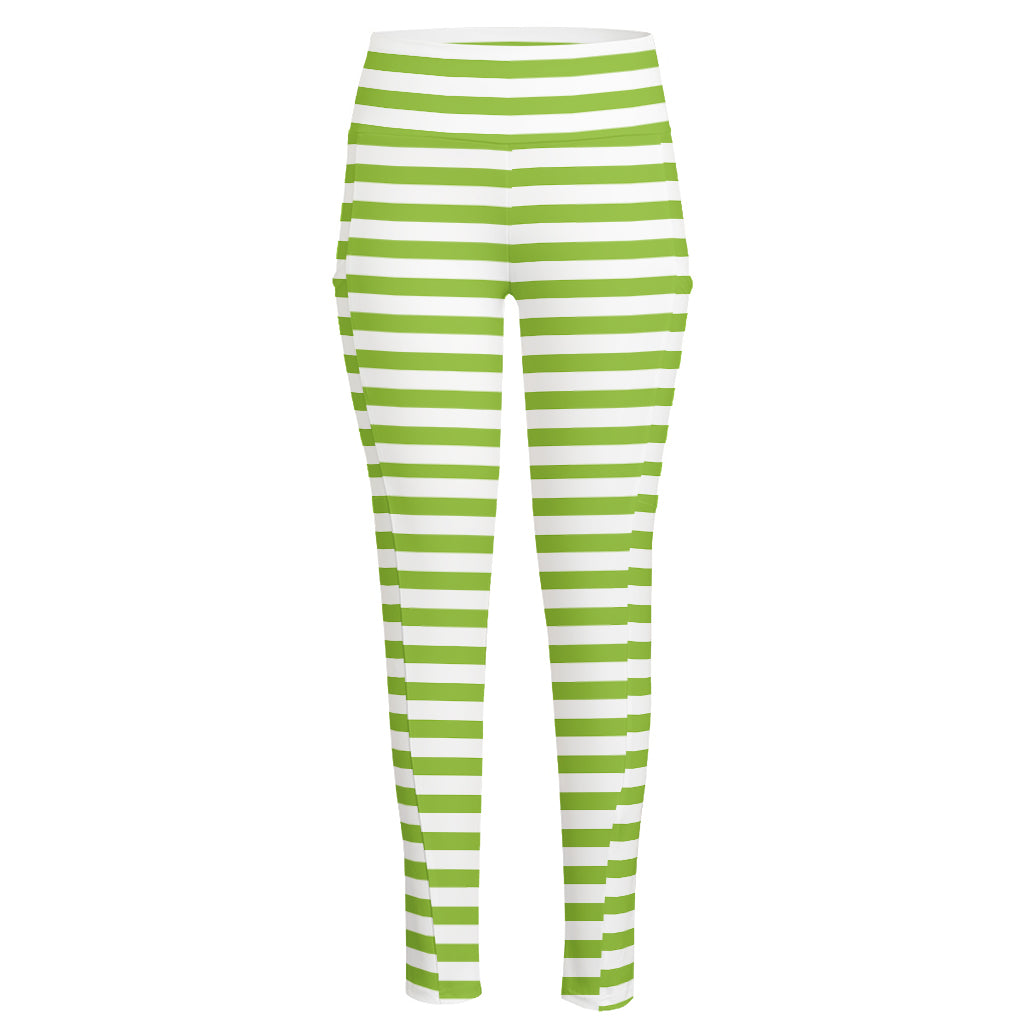 Green And White Striped Pattern Print High-Waisted Pocket Leggings
