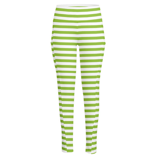 Green And White Striped Pattern Print High-Waisted Pocket Leggings