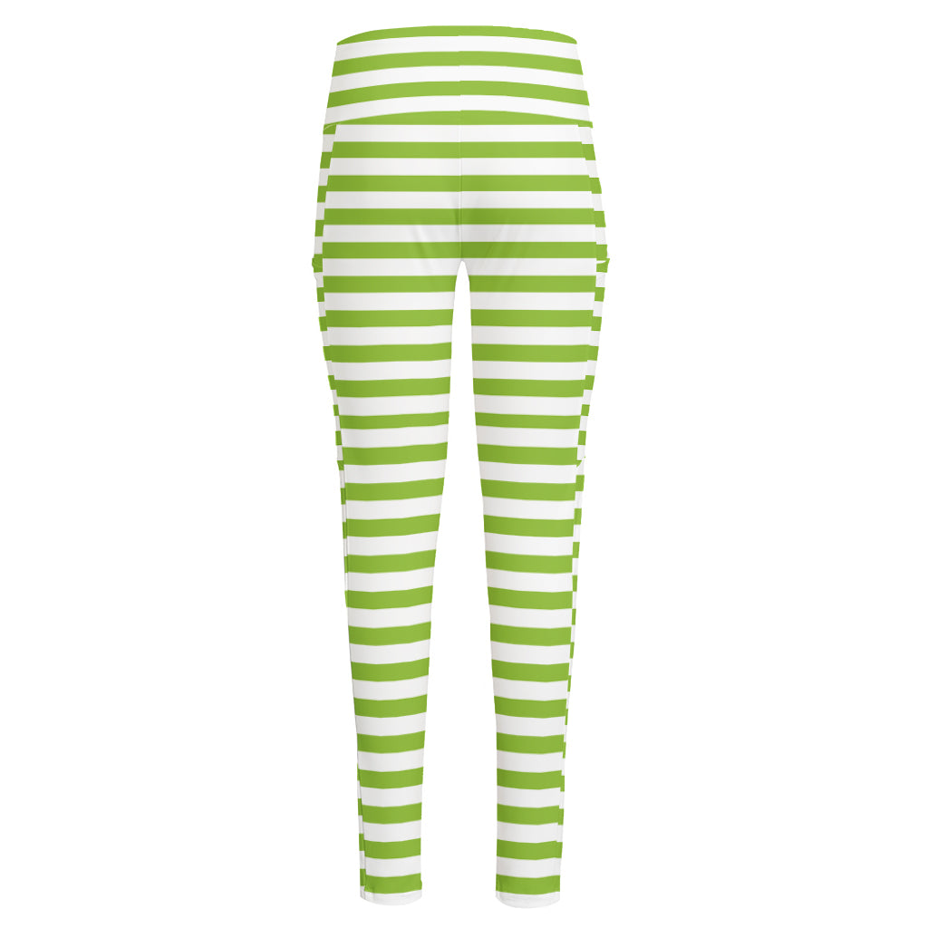 Green And White Striped Pattern Print High-Waisted Pocket Leggings