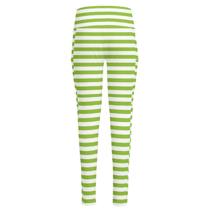 Green And White Striped Pattern Print High-Waisted Pocket Leggings