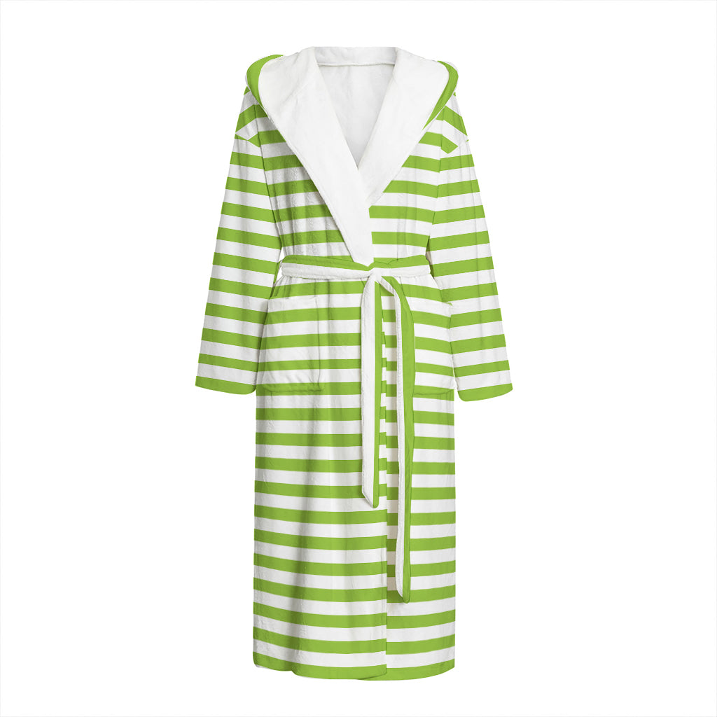 Green And White Striped Pattern Print Hooded Bathrobe
