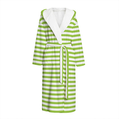 Green And White Striped Pattern Print Hooded Bathrobe