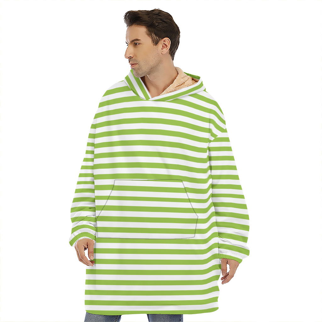 Green And White Striped Pattern Print Hoodie Blanket