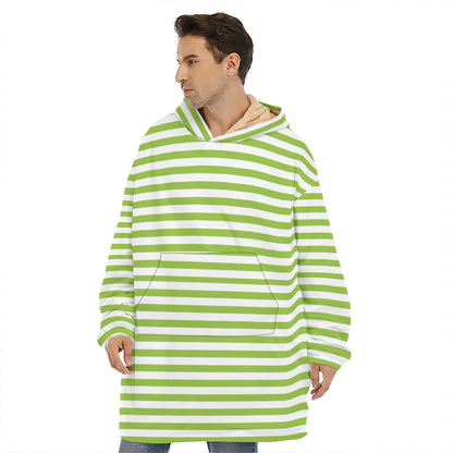 Green And White Striped Pattern Print Hoodie Blanket