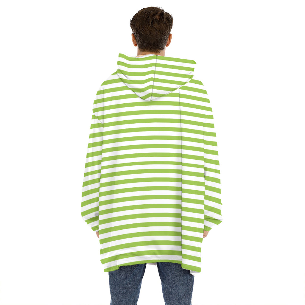 Green And White Striped Pattern Print Hoodie Blanket