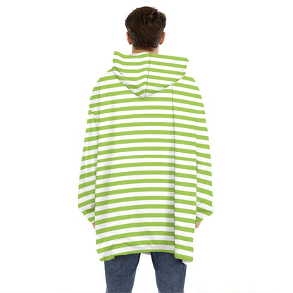 Green And White Striped Pattern Print Hoodie Blanket