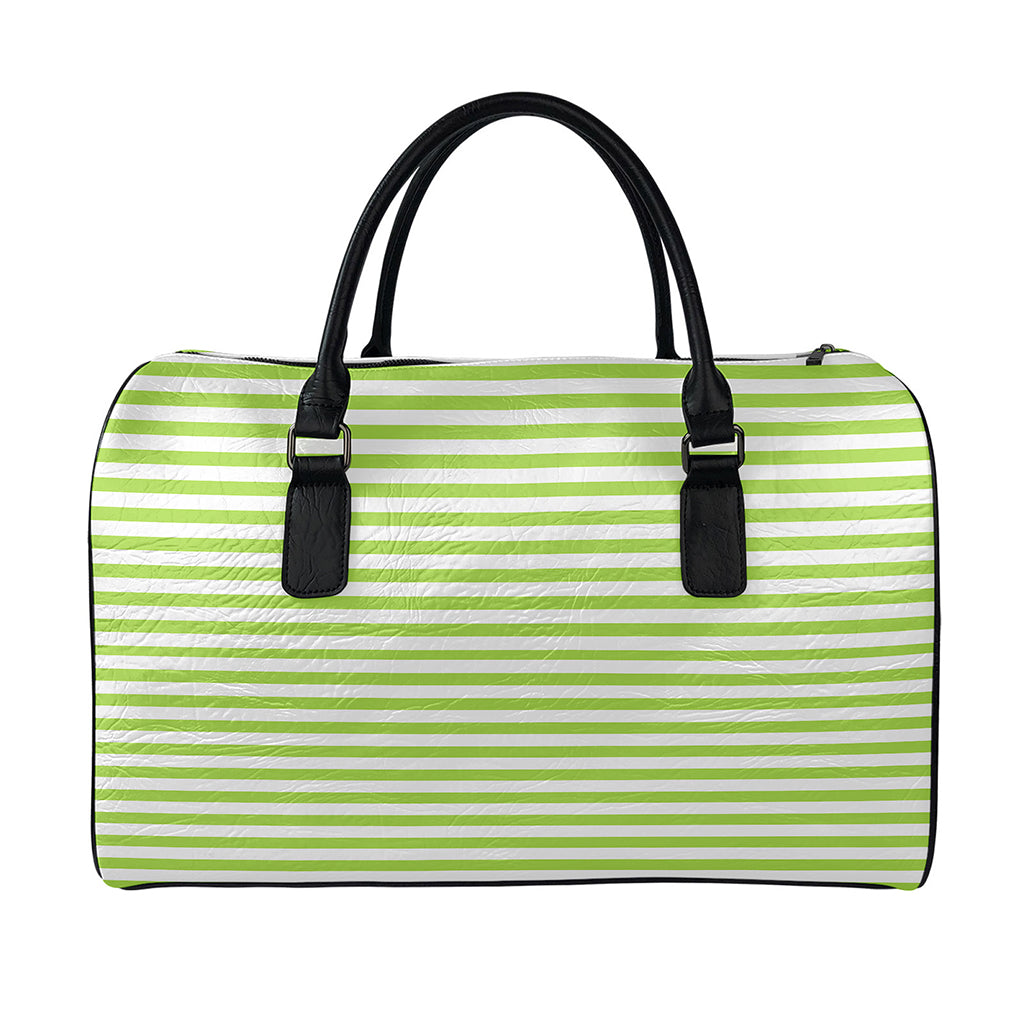 Green And White Striped Pattern Print Leather Duffle Bag