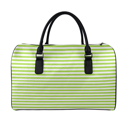 Green And White Striped Pattern Print Leather Duffle Bag