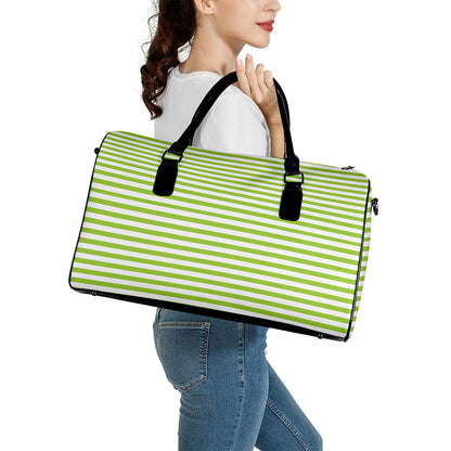Green And White Striped Pattern Print Leather Duffle Bag