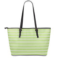 Green And White Striped Pattern Print Leather Tote Bag With Zipper