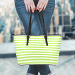 Green And White Striped Pattern Print Leather Tote Bag