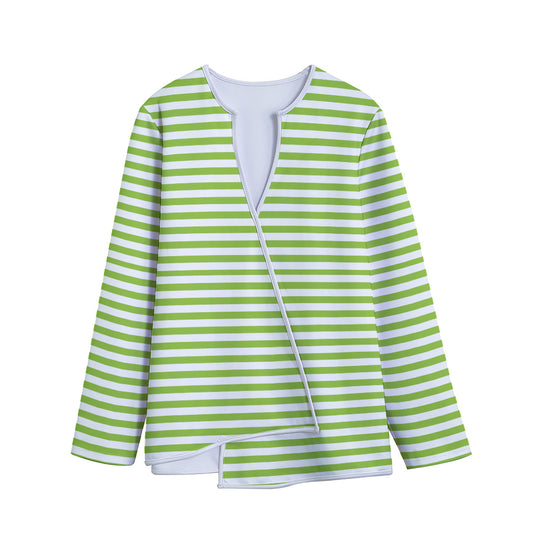 Green And White Striped Pattern Print Long Sleeve Short Coat