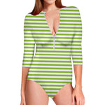 Green And White Striped Pattern Print Long Sleeve Swimsuit