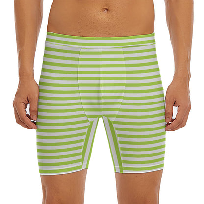 Green And White Striped Pattern Print Men's Long Boxer Briefs