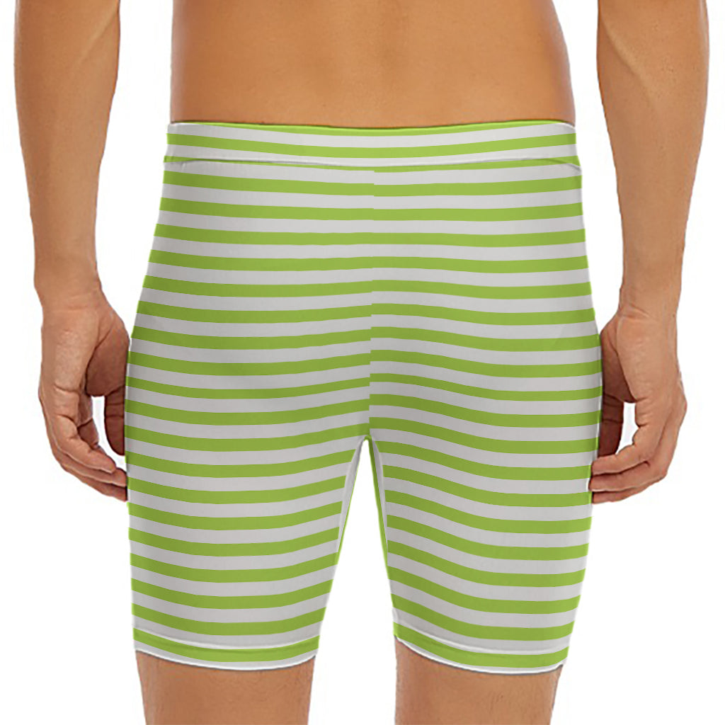 Green And White Striped Pattern Print Men's Long Boxer Briefs