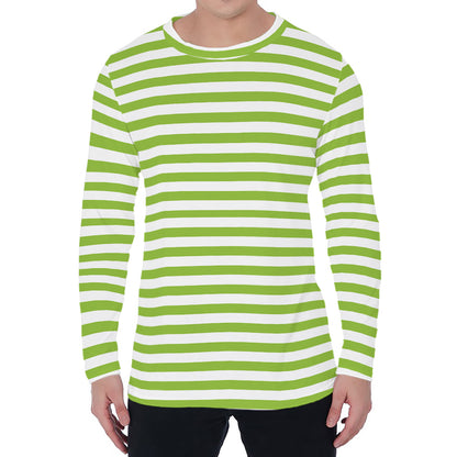 Green And White Striped Pattern Print Men's Long Sleeve T-Shirt