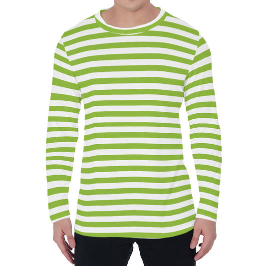 Green And White Striped Pattern Print Men's Long Sleeve T-Shirt