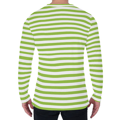 Green And White Striped Pattern Print Men's Long Sleeve T-Shirt