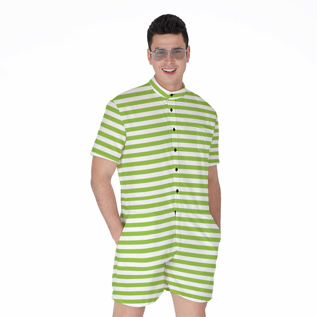 Green And White Striped Pattern Print Men's Rompers