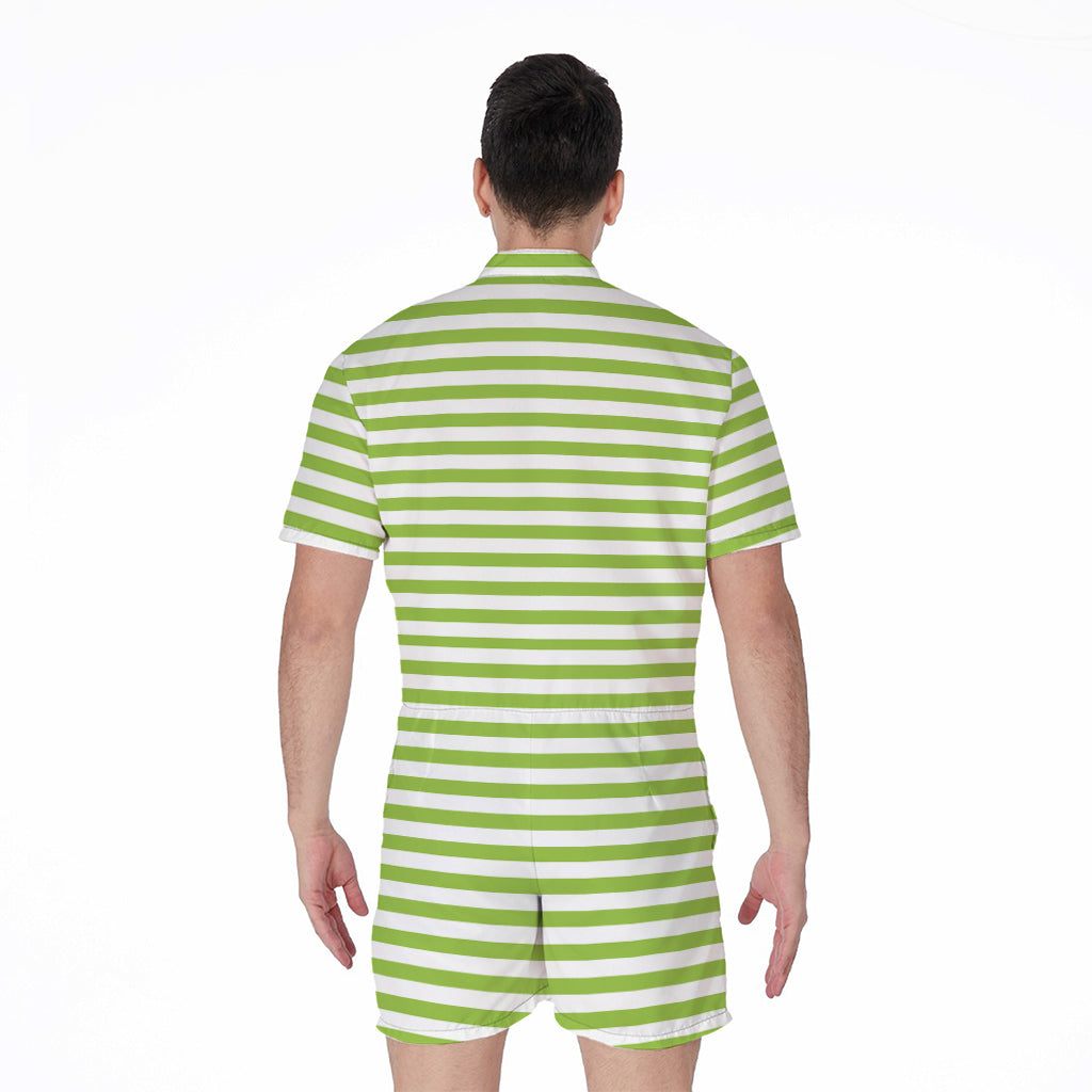 Green And White Striped Pattern Print Men's Rompers