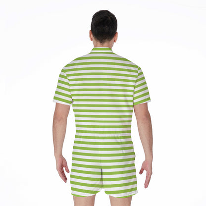 Green And White Striped Pattern Print Men's Rompers