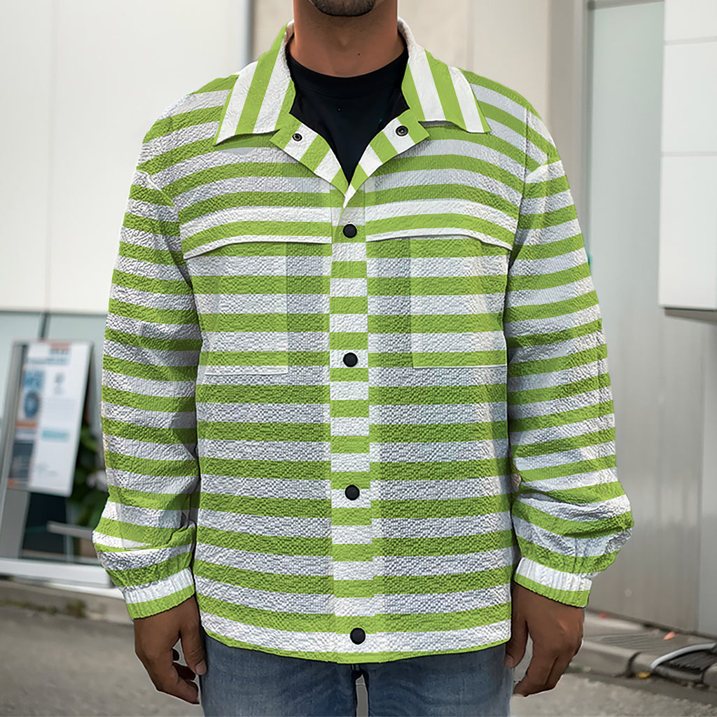 Green And White Striped Pattern Print Men's Shirt Jacket