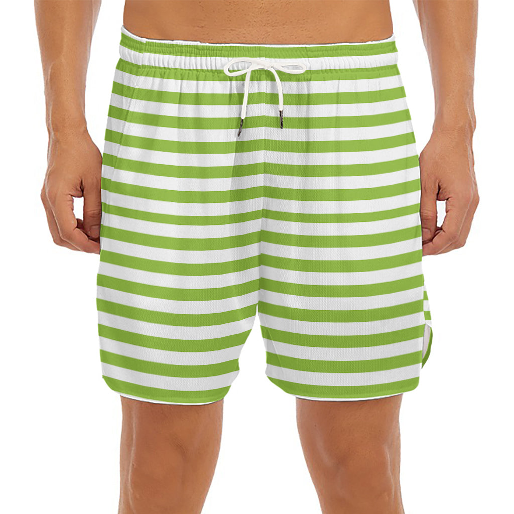 Green And White Striped Pattern Print Men's Split Running Shorts