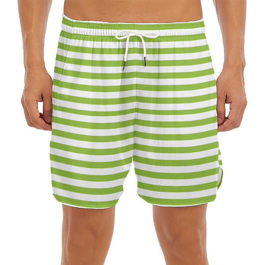 Green And White Striped Pattern Print Men's Split Running Shorts